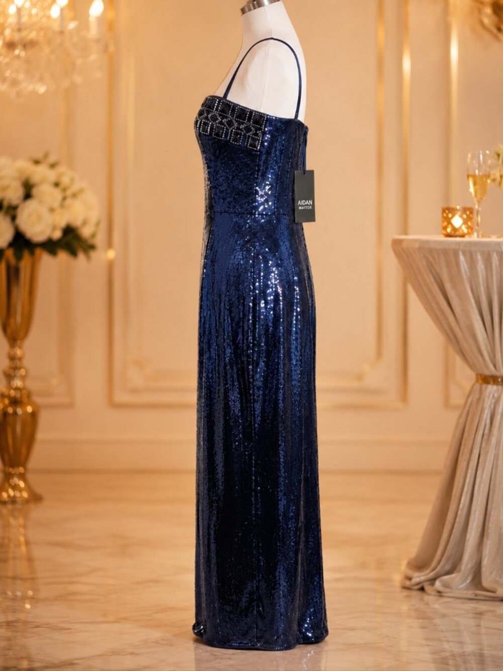 Aidan Mattox Navy Blue Sequin Strapless Gown – Size 12 (NWT) - Picture 4 of 7